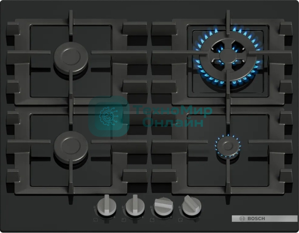 Газовая варочная панель Bosch Serie 4, 60 см, закаленное стекло, черный, 4 конфорки, 1 конфорка WOK c 2 контурами пламени, индивидуальные чугунные решетки, газ-контроль, автоматический электроподжиг, сделано в Испании
