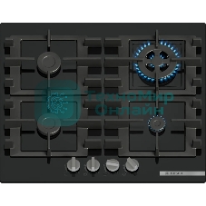 Газовая варочная панель Bosch Serie 4, 60 см, закаленное стекло, черный, 4 конфорки, 1 конфорка WOK c 2 контурами пламени, индивидуальные чугунные решетки, газ-контроль, автоматический электроподжиг, сделано в Испании