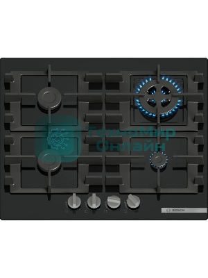 Газовая варочная панель Bosch Serie 4, 60 см, закаленное стекло, черный, 4 конфорки, 1 конфорка WOK c 2 контурами пламени, индивидуальные чугунные решетки, газ-контроль, автоматический электроподжиг, сделано в Испании