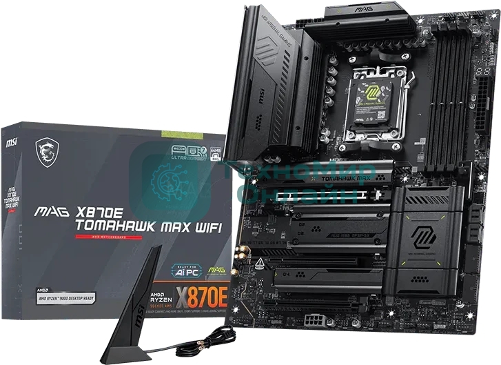 Материнская плата MSI MAG X870E TOMAHAWK MAX WIFI, AM5, AMD X870E, 4xDDR5 (до 256 ГБ), 4xSATA, 4xM.2 (2xPCIe 5.0, 2xPCIe 4.0), 1xPCIe 5.0 x16, 1xPCIe 4.0 x16, 1xPCIe 3.0 x16, 1xHDMI, 1x5Gb LAN, Wi-Fi 7, Bluetooth 5.4, 2xUSB-C 40Gbps (USB4), 1xUSB-C 10Gbps, 2xUSB-A 10Gbps, 3xUSB-A 5Gbps, 4xUSB-A 2.0, 3x3.5 мм + S/PDIF оптический, 7.1, чёрный, ATX