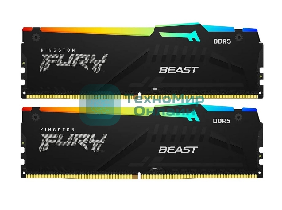 Оперативная память Kingston Fury Beast, DDR5, 64GB (2x32GB), 5600MHz, CL40, DIMM, с радиатором, RGB, черный