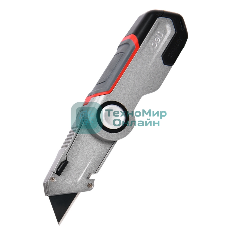 Строительный складной нож с Т-образным лезвием Deli DL030 в комплекте 3 запасных лезвия SK2, рукоятка из цинкового сплава с резиновыми вставками