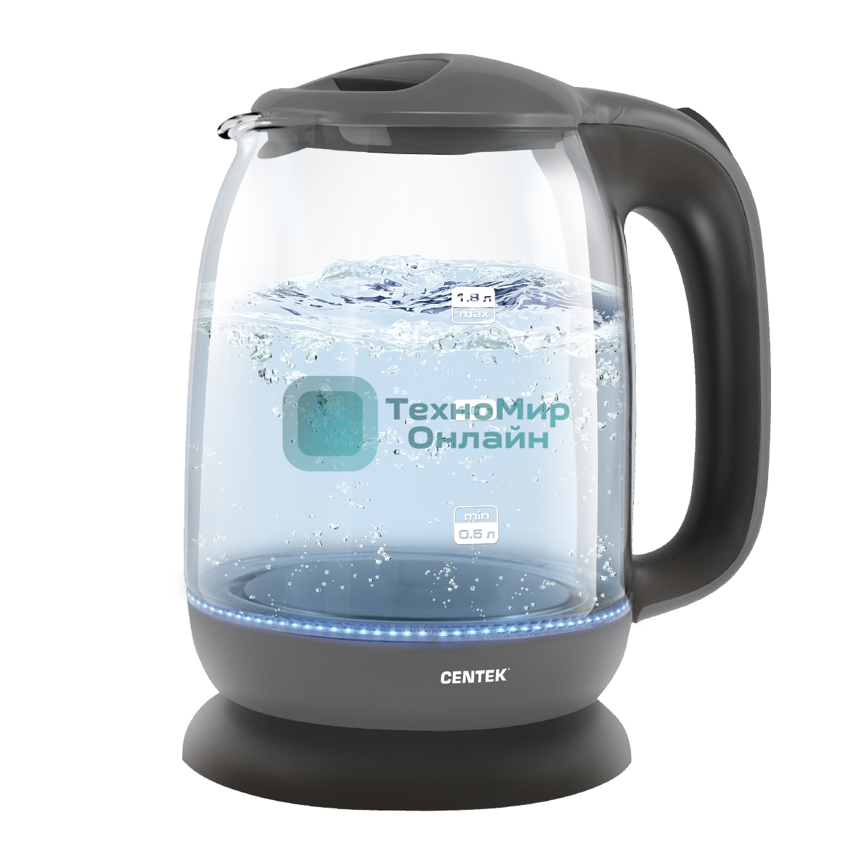 Чайник Centek CT-0034 (серый) Vancouver стекло, 1.8л, 2200 Вт, внутренняя LED подсветка, кнопка