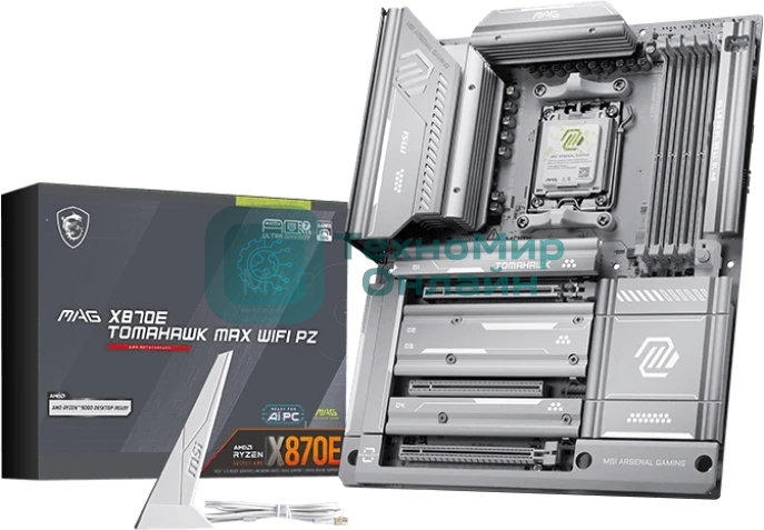Материнская плата MSI MAG X870E TOMAHAWK MAX WIFI PZ, AM5, AMD X870E, 4xDDR5 (до 256 ГБ), 4xSATA, 4xM.2 (2xPCIe 5.0, 2xPCIe 4.0), 1xPCIe 5.0 x16, 1xPCIe 4.0 x16, 1xPCIe 3.0 x16, 1xHDMI, 1x5Gb LAN, Wi-Fi 7, Bluetooth 5.4, 2xUSB-C 40Gbps (USB4), 1xUSB-C 10Gbps, 2xUSB-A 10Gbps, 3xUSB-A 5Gbps, 4xUSB-A 2.0, 3x3.5 мм + S/PDIF оптический, 7.1, белый/серебристый, ATX
