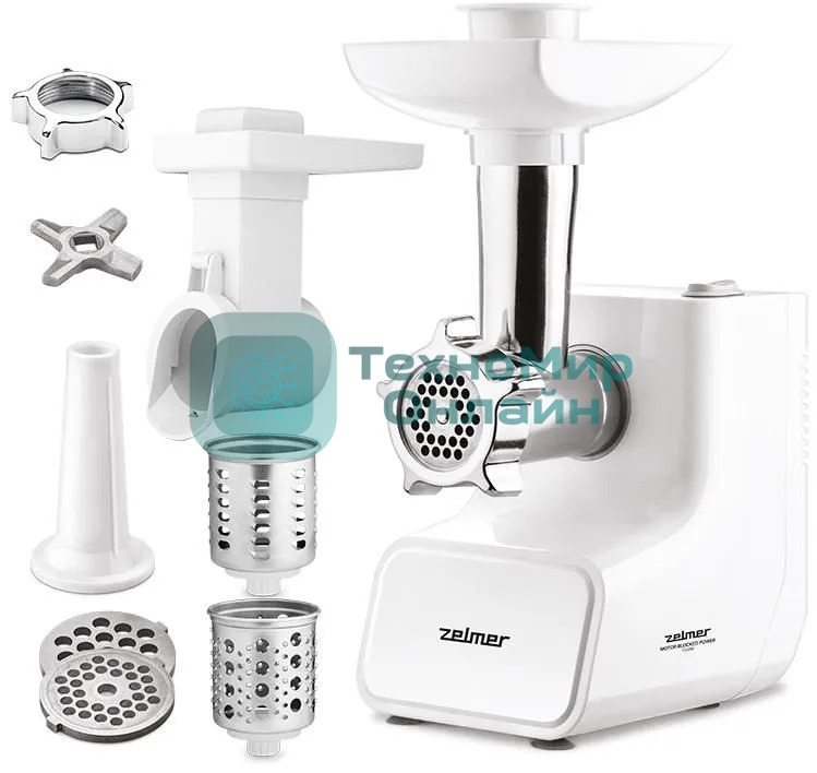 Мясорубка электрическая Zelmer ZMM3512B белый, 1500 Вт, 2.0 кг/мин, реверс, насадки - 4