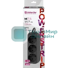 Удлинитель сетевой Defender M318 черный, 1.8 м, EURO, 3 розетки, 2200 Вт