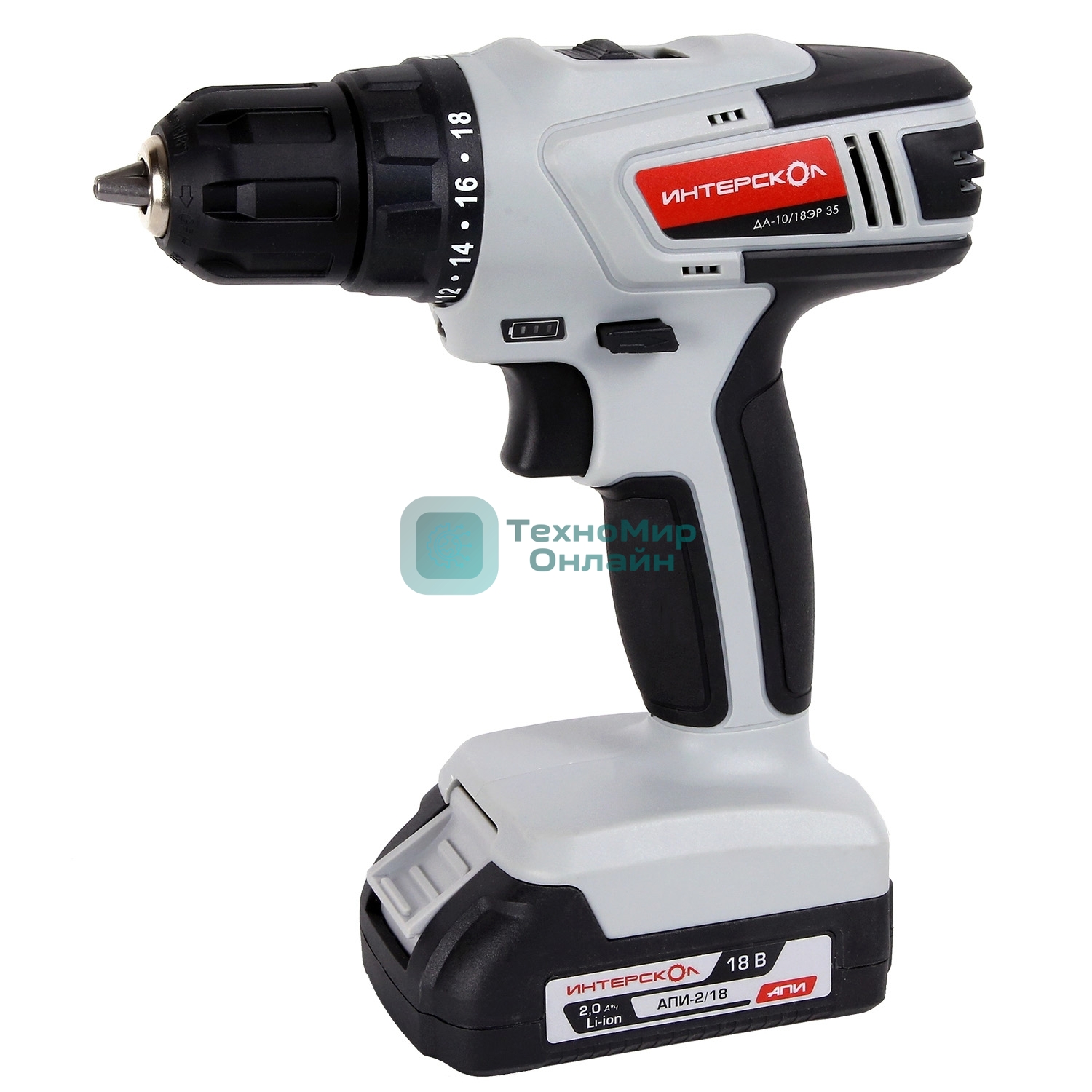 Дрель-шуруповерт ИНТЕРСКОЛ ДА-10/18ЭР 35 ПРОМО, 18 В, 2 Ач, 35 Нм, щеточный