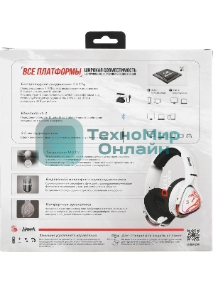 Гарнитура Bloody MR720 Naraka белый, беспроводная + проводная, радиоканал/Bluetooth/mini jack 3.5 мм, до 44 ч, подсветка