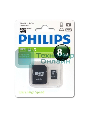 Флеш карта microSD 8Gb PHILIPS microSDHC Class 10 (SD адаптер)