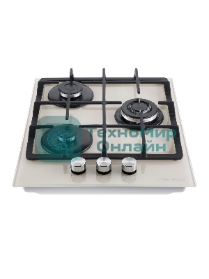 Газовая варочная панель Maunfeld EGHG.43.33CBG/G газ, ширина 45 см, 3 конфорки, WOK, чугунные решетки, газ-контроль, электроподжиг, бежевый