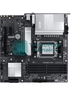 Материнская плата MSI PRO B850M-A WIFI, AM5, AMD B850, 4xDDR5, 4xSATA, 2xM.2, 1xPCIe 5.0 x16, 1xPCIe 4.0 x4, 1xPCIe 3.0 x1, 1xHDMI (v2.1), 1xDP (v1.4), 1x5Gb LAN, Wi-Fi 7, Bluetooth 5.4, 2xUSB-C 10Gbps, 3xUSB-A 10Gbps, 3xUSB-A 5Gbps, 2x3.5 мм, 7.1, mATX