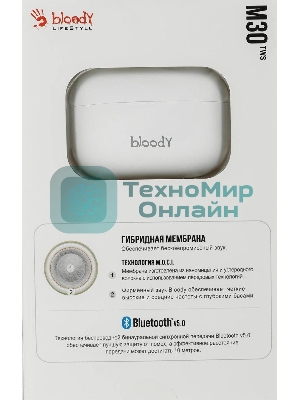 Наушники TWS A4Tech Bloody M30 белый, внутриканальные, Bluetooth, до 22 ч