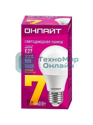 Лампа светодиодная ОНЛАЙТ 71647 OLL-A60-7-230-2.7K-E27 7Вт грушевидная 2700К тепл. белый E27 525лм 176-264В