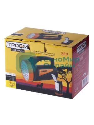 Фонарь светодиодный Трофи TSP19 прожекторный, аккумуляторный, кемпинговый походный ударопрочный водонепроницаемый, встроенный светильник, 2 режима, 19 LED