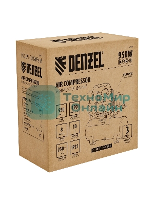 Компрессор безмасляный малошумный Denzel DLP-950/10, 950 Вт,10 л, 2850 об/мин, 170 л/мин