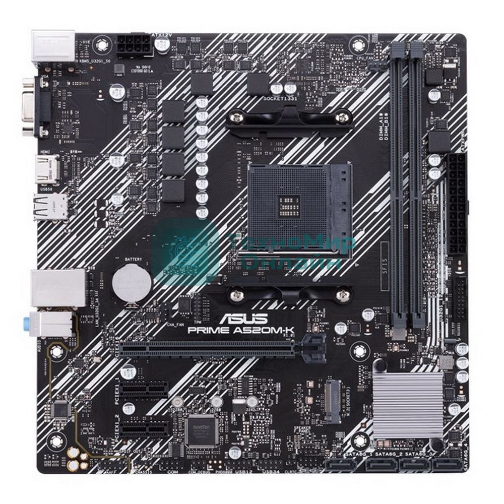 Материнская плата ASUS PRIME A520M-K, AM4, AMD A520, 2xDDR4, 4xSATA, 1xM.2, 1xPCIe 3.0 x16, 1xPCIe x1, 1xHDMI, 1xVGA, 1x 1Gb LAN, 2xUSB-A 2.0, 4xUSB-A 3.2 Gen 1, 3x3.5 мм, 7.1, mATX