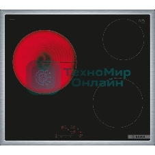 Электрическая варочная панель Bosch PKM645BB2E, стеклокерамическая поверхность, независимая, рамка-сталь, черный 4.8x58.3x51.3