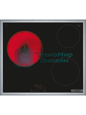 Электрическая варочная панель Bosch PKM645BB2E, стеклокерамическая поверхность, независимая, рамка-сталь, черный 4.8x58.3x51.3