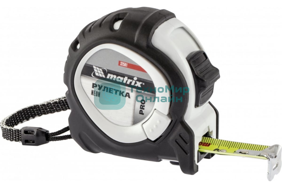 Рулетка Matrix Neon, 5 м x 19 мм, обрезиненный корпус, 3 фиксации, PRO