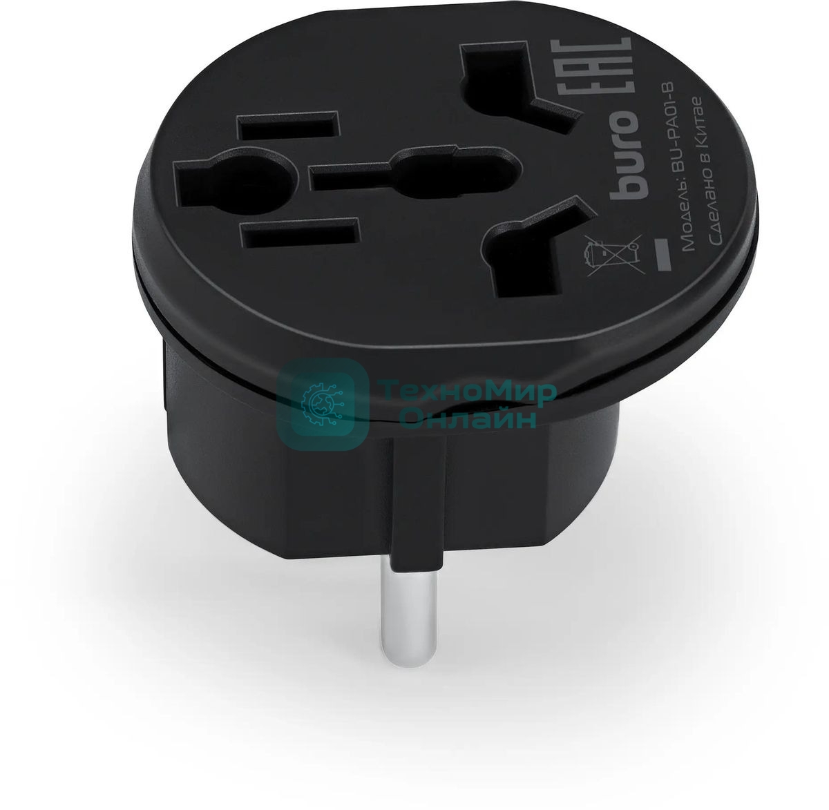 Адаптер-переходник Buro BU-PA01-B, 1 розетка, черный (пакет ПЭ)