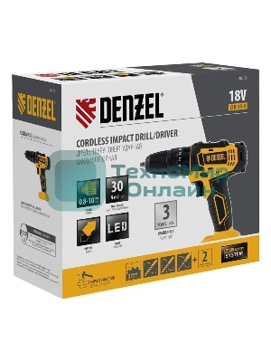 Дрель-шуруповерт Denzel CID-18-0, 18 В, 0 Ач, 30 Нм, щеточный, ударный