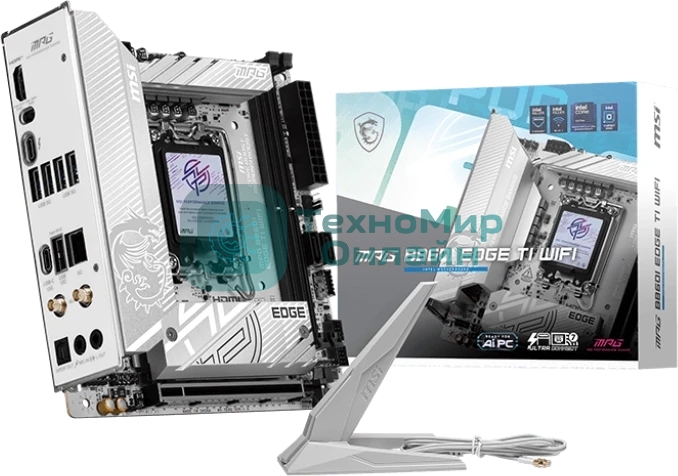 Материнская плата MSI MPG B860I EDGE TI WIFI, LGA 1851, Intel B860, 2xDDR5 (до 128 ГБ), 2xSATA, 2xM.2 (1xPCIe 5.0, 1xPCIe 4.0/SATA), 1xPCIe 5.0 x16, 1xHDMI, 1x5Gb LAN, Wi-Fi 7, Bluetooth 5.4, 1xUSB-C 40Gbps (Thunderbolt 4), 1xUSB-C 10Gbps, 1xUSB-A 10Gbps, 4xUSB-A 5Gbps, 2xUSB-A 2.0, 3x3.5 мм + S/PDIF оптический, 7.1, белый/серебристый, Mini-ITX