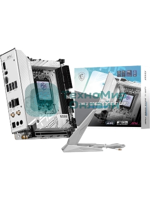 Материнская плата MSI MPG B860I EDGE TI WIFI, LGA 1851, Intel B860, 2xDDR5 (до 128 ГБ), 2xSATA, 2xM.2 (1xPCIe 5.0, 1xPCIe 4.0/SATA), 1xPCIe 5.0 x16, 1xHDMI, 1x5Gb LAN, Wi-Fi 7, Bluetooth 5.4, 1xUSB-C 40Gbps (Thunderbolt 4), 1xUSB-C 10Gbps, 1xUSB-A 10Gbps, 4xUSB-A 5Gbps, 2xUSB-A 2.0, 3x3.5 мм + S/PDIF оптический, 7.1, белый/серебристый, Mini-ITX