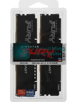 Оперативная память Kingston Fury Beast, DDR5, 32GB (2x16GB), 5600MHz, CL36, DIMM, с радиаторами, черный