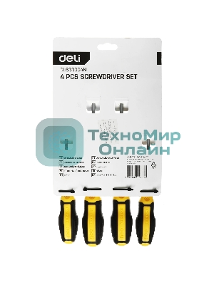Набор отверток Deli DL630004N 4шт SL5x100 + SL6x150 + PH1x100 + PH2x150 сталь Cr-V, двухкомпонентная прорезиненная рукоять