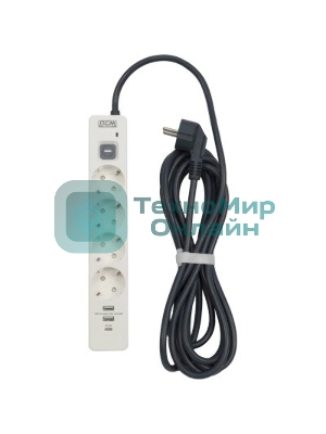 Сетевой фильтр Powercom SP-01 USB2A1CW 3,0М 3.0 м, 4 розетки, белый/серый, коробка