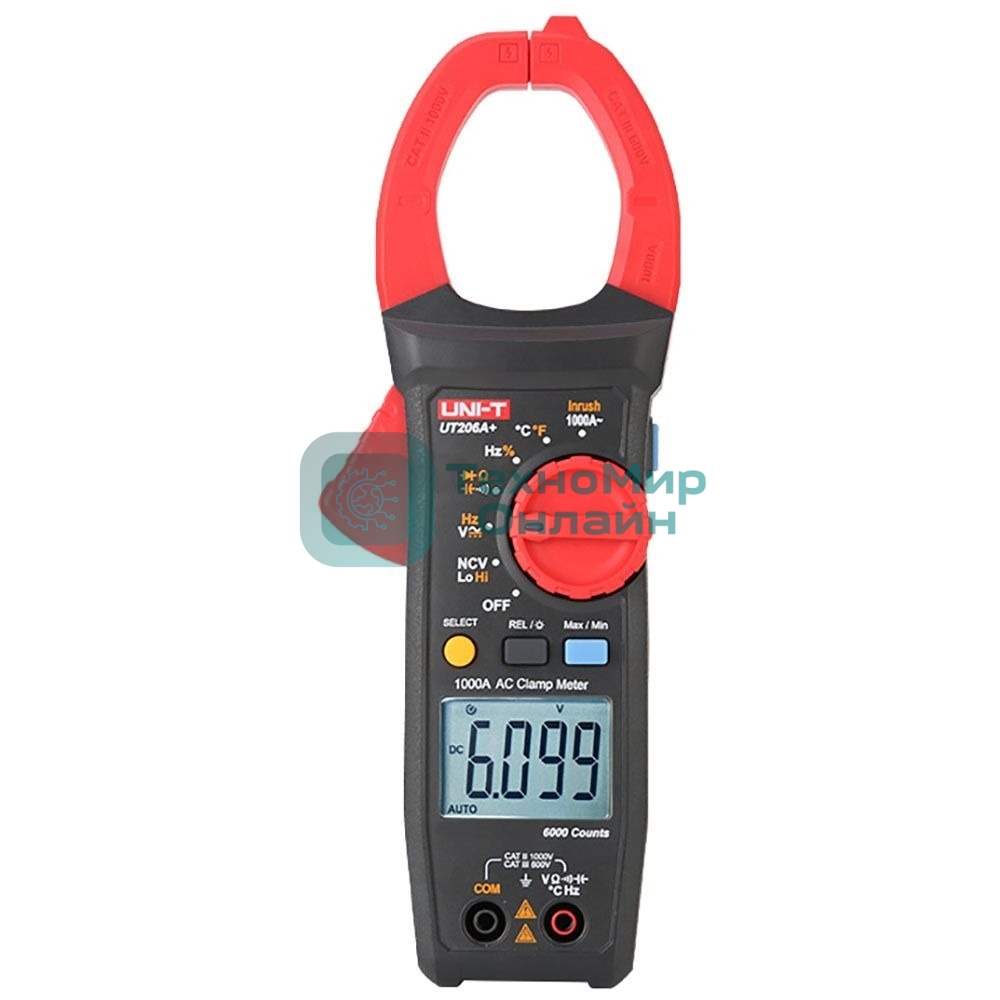 Токоизмерительные клещи UT205A+ Напряжение постоянного/переменного тока (1000 В); переменный ток (1000А); Сопротивление (40 МОм); Емкость (40 мФ); Частота (10 МГц); Отверстие челюсти 42 мм