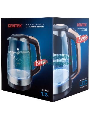 Чайник электрический Centek CT-0065 Beige стекло, 1.7 л 2200 Вт, LED-подсветка, мерная шкала, защита от вкл б/воды