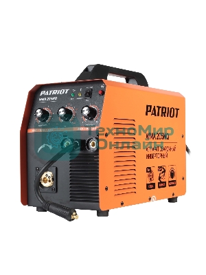 Полуавтомат сварочный инверторный PATRIOT WMA 205MQ MIG/MAG/MMA, полуавтоматическая сварка в среде газа (MIG/MAG) стальной и флюсовой проволокой 0.6/0.8 мм, сварка электродом (MMA) до 4мм, сварочный ток в режиме MIG: 40-200А; сварочный ток в режиме MMA: 40-200А; ПВ при макс. токе: 60%