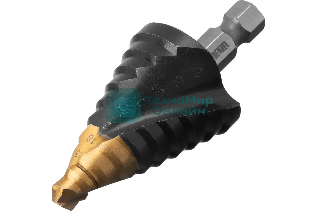 Сверло ступенчатое Denzel 9-12-15-18-21-24-27-30-33-36 мм, Р6М5, 6-гр. хвостовик