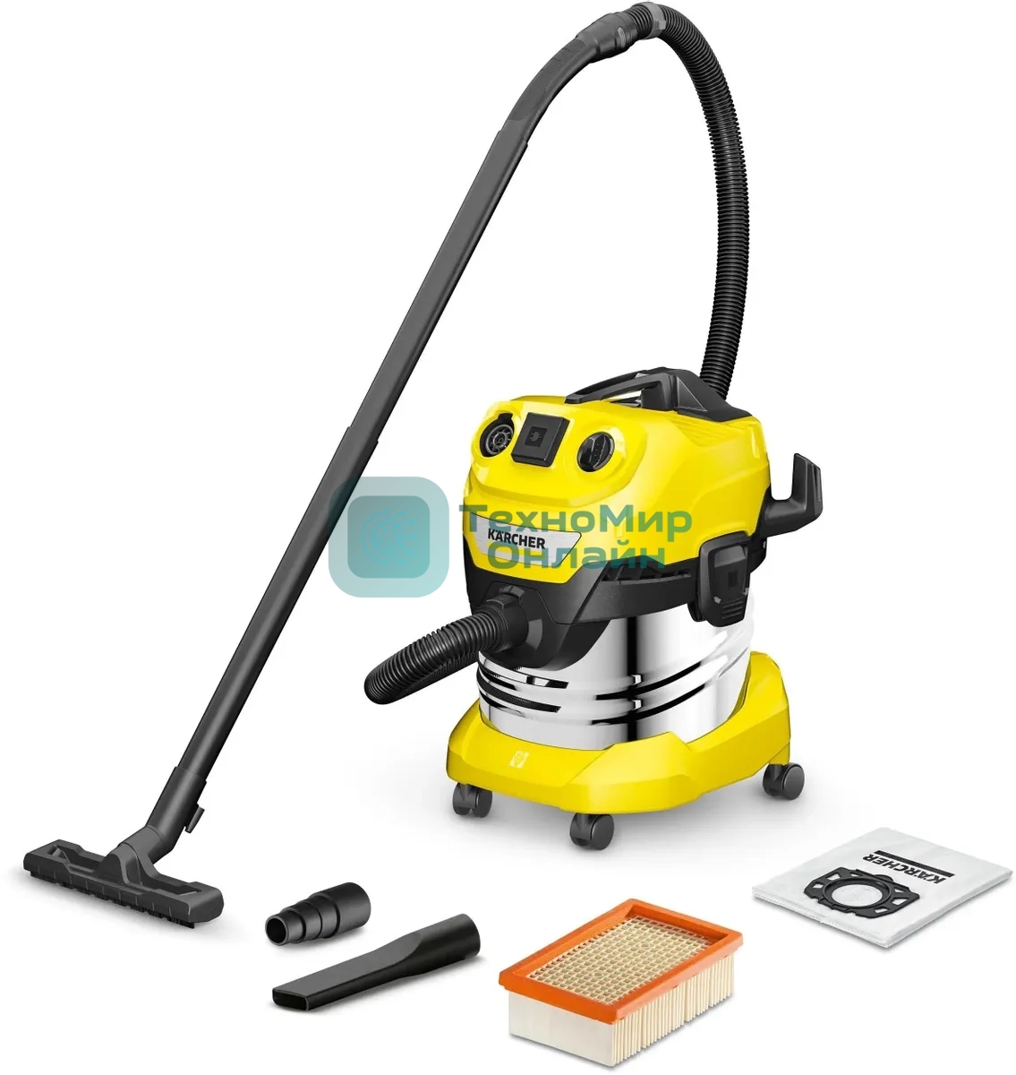Строительный пылесос Karcher WD 4 P S V-20/5/22 желтый, 1000 Вт, уборка сухая/сбор воды/выдув, пылесборник мешок/контейнер, 20 л