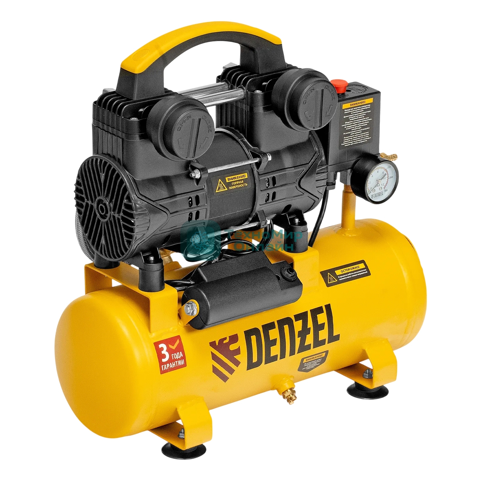 Компрессор безмасляный малошумный Denzel DLP-950/10, 950 Вт,10 л, 2850 об/мин, 170 л/мин
