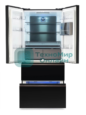 Холодильник Hyundai CM55043F черный стекло трехкамерный, 354/186, морозилка снизу, No Frost, Side by Side