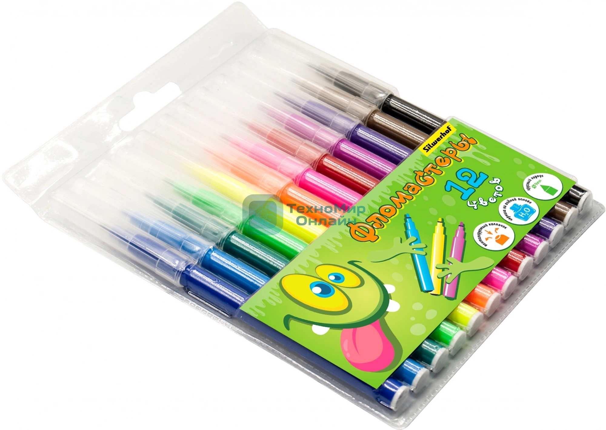 Фломастеры Silwerhof Монстрики 9мм 145мм круг. пулевидный пиш. наконечник Вентилируемый 12цв. пакет с европодвесом