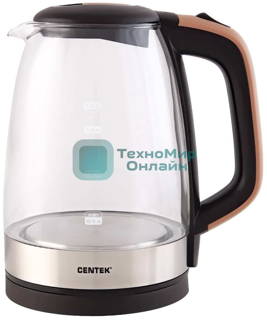 Чайник электрический Centek CT-0065 Beige стекло, 1.7 л 2200 Вт, LED-подсветка, мерная шкала, защита от вкл б/воды