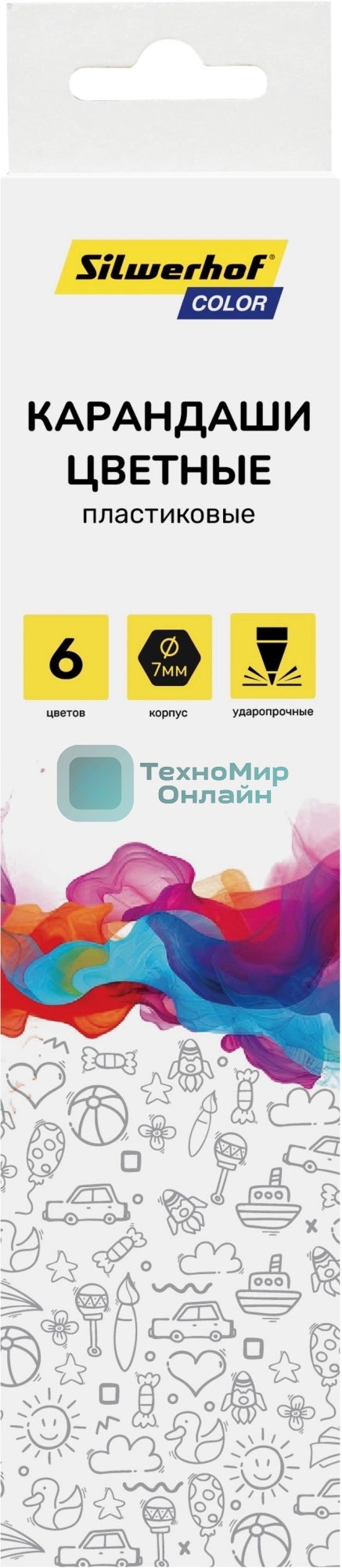 Карандаши цветные Silwerhof Color 2.6 мм, шестигранный профиль, пластик, ассорти, 6 цветов, коробка с европодвесом