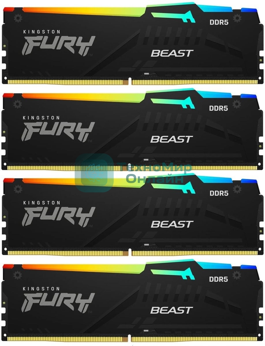 Оперативная память Kingston Fury Beast RGB, DDR5, 64Gb (4x16 GB), 6000 MHz, CL40, радиатор, RGB, черный