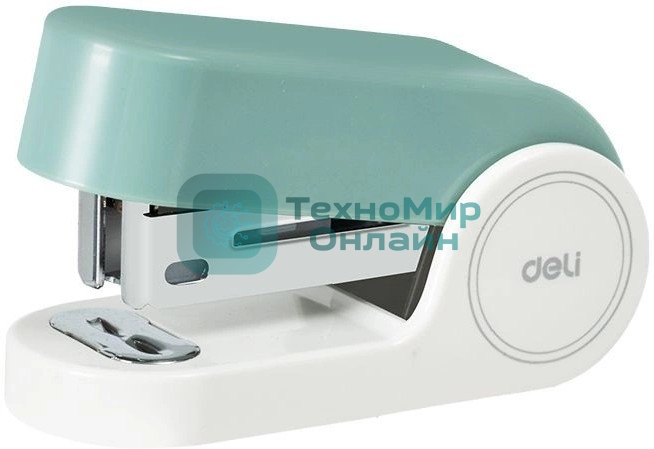 Степлер мини Deli EK203-GR EK203 24/6 26/6 (15 листов) встроенный антистеплер, зеленый 15 скоб, металл/пластик, коробка