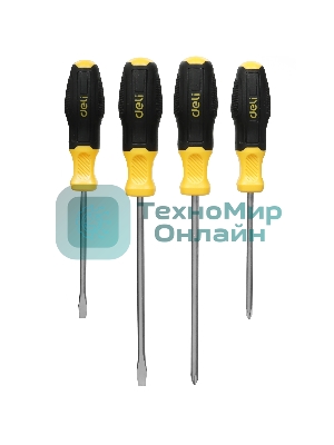 Набор отверток Deli DL630004N 4шт SL5x100 + SL6x150 + PH1x100 + PH2x150 сталь Cr-V, двухкомпонентная прорезиненная рукоять