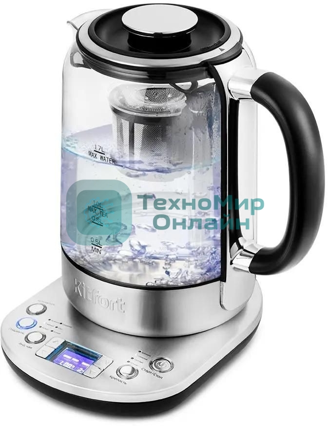 Чайник электрический Kitfort KT-6116 1.7 л, 2200 Вт, нержавеющая сталь/черный (корпус: стекло)