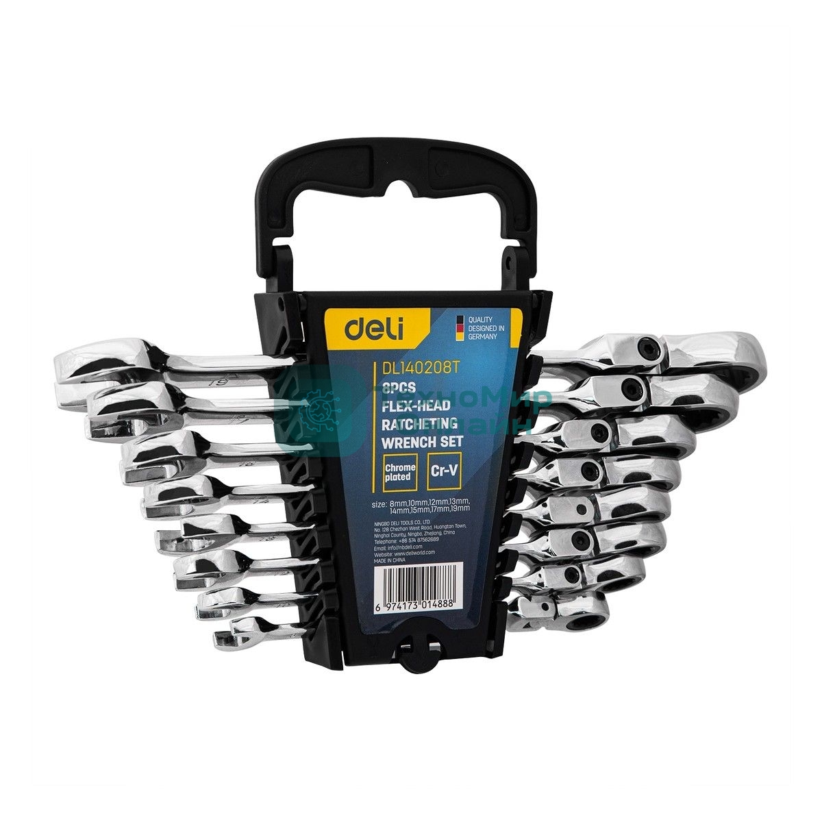 Набор комбинированных шарнирных ключей с трещоткой 8 шт Deli DL140208T Спецификация: 8,10,12,13,14,15,17,19мм. Сталь 40 Cr. Трещетка 50BV30 72Т.