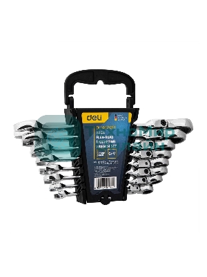Набор комбинированных шарнирных ключей с трещоткой 8 шт Deli DL140208T Спецификация: 8,10,12,13,14,15,17,19мм. Сталь 40 Cr. Трещетка 50BV30 72Т.