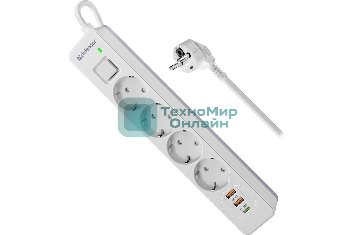 Удлинитель с сетевым фильтром Defender DFS 145, белый, 4розетки, USB+TypeC, 5 м.