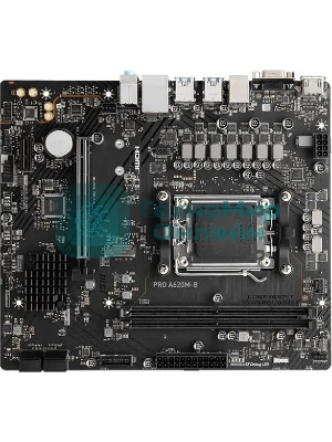 Материнская плата MSI PRO A620M-B, AM5, AMD A620, 2xDDR5, 4xSATA, 1xM.2 (PCIe 4.0 x4), 1xPCIe 4.0 x16, 1xPCIe 3.0 x1, 1xHDMI, 1xVGA, 1x2.5Gb LAN, 6xUSB-A 5Gbps, 6xUSB-A 2.0, 3x3.5 мм, 7.1, mATX