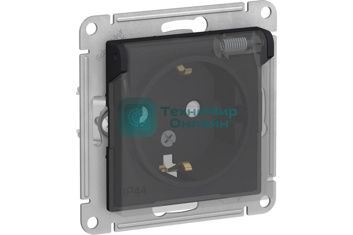 Механизм розетки 1-м СП AtlasDesign Aqua 16А IP44 с заземл. защ. шторки с прозрачной крышкой карбон SchE ATN441046