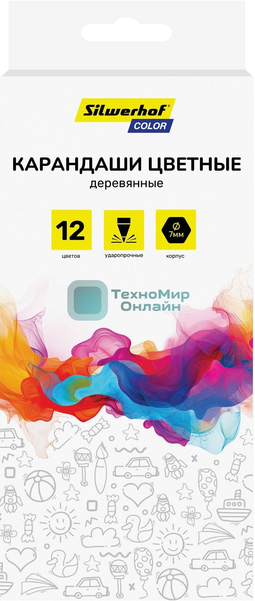 Карандаши цветные Silwerhof Color 2.8мм, шестигранный профиль, дерево, ассорти, 12 цветов, коробка с европодвесом